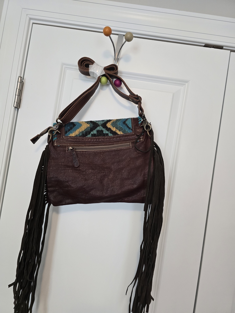 Myra Bag Turquoise, Brown & Cream Aztec Fringe Crossbody - Picture 3 of 5